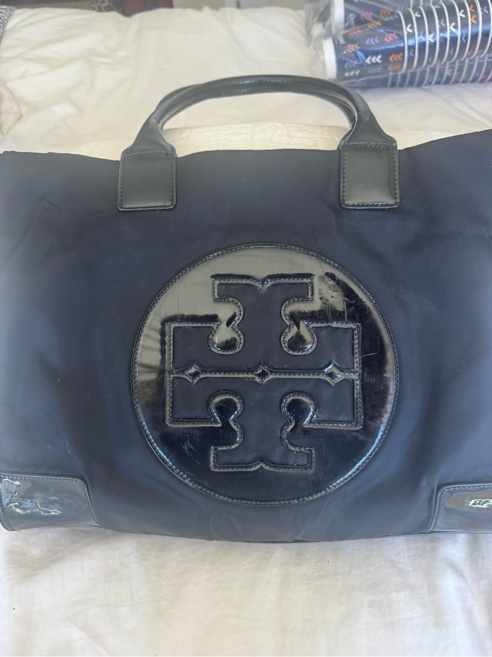 Tory Burch Black Nylon Tote with Patent Logo Trim